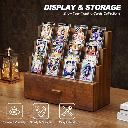 Emfogo Trading Card Display, 3-Tier Card Display Case with Custom Drawer, Wood Graded Card Display with Supporters and Dividers, Sports Card Display Case for Collection (Walnut) - color: Walnut