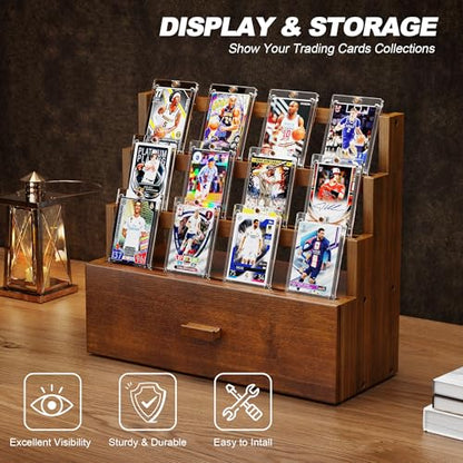 Emfogo Trading Card Display, 3-Tier Card Display Case with Custom Drawer, Wood Graded Card Display with Supporters and Dividers, Sports Card Display Case for Collection (Walnut) - color: Walnut