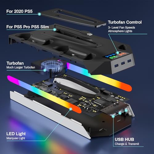 PS5 Cooling Station Stand RGB with Dual Controller Charging Station for PlayStation 5 Console, PS5 Accessories Incl. Controller Charger, Cooling Fan, Headset Holder, 3 USB Hub - color: Black & white