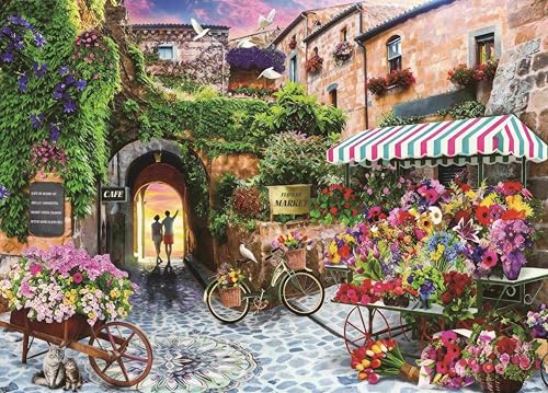 Sunset Village Flower Market Puzzle for Adults 1000 Pieces | French Floral Town Art Jigsaw Puzzle, Storage Bag Included, Wall Decor, 27.5" x 19.6" - color: European Street 1000 Pieces
