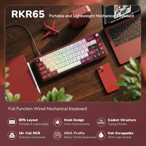 RK ROYAL KLUDGE R65 Wired Mechanical Keyboard with Volume Knob, 60% Percent RGB Backlit Gaming Keyboard Gasket Mount with PBT Keycaps, MDA Profile, QMK/VIA, 66 Keys Hot Swappable Light Switch, Red - color: Red