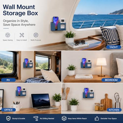Strong Adhesive Wall Mount Phone Holder D3 Punch-Free Bedside Phone Shelf with Charging Port, Sticky Remote Control Storage Box, Bathroom & Kitchen Wall Organizer (Blue) - color: Blue