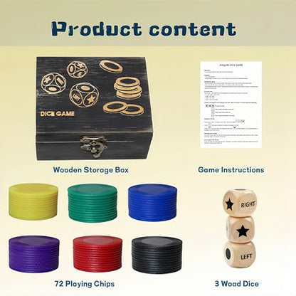 Left Right Roll Dice Game Set - 3 Wood Dice & 72 Plastic Chips | Wooden Box, Portable Travel Party Game, For Family, Friends, Adults - Black - color: Black