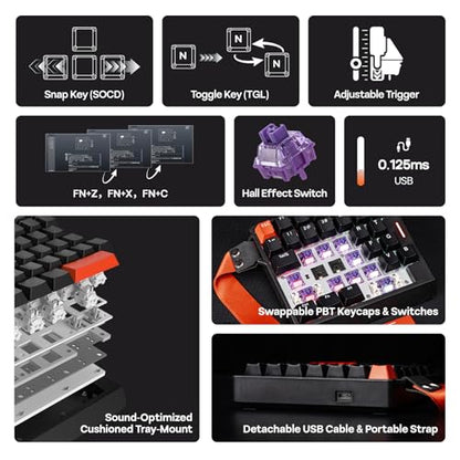 EPOMAKER HE30 One-Handed Hall Effect Keyboard, 8K Polling & 0.125ms | SOCD & Snap Key, Adjustable Trigger, PBT Keycap, RGB, Custom Software, Wired Gaming Keyboard for PC/Gamer (Black Orange) - color: Black Orange
