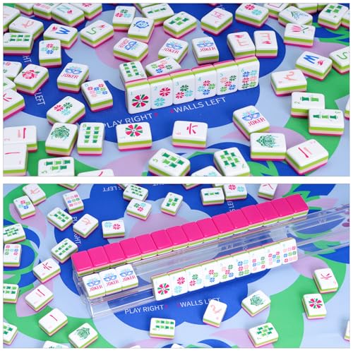 American Mahjong Tile Set(4 Layer) with Carrying Bag, 160 Engraved Acrylic Tiles, 4 All-in-One Rack/Pushers, Mahjong Game Set (Ma Jong, Mah-Jongg) - color: Magenta