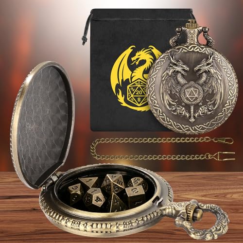 Mini DND Dice Set with Wand and Double Dragon Head Pocket Watch Shell Case, DND Starter Set, 7pcs Polyhedral Mini Metal Dice Set, D&D Gifts with Gift Bag, Role Playing Board Game Accessories, Bronze - color: Bronze