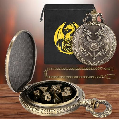 Mini DND Dice Set with Wand and Double Dragon Head Pocket Watch Shell Case, DND Starter Set, 7pcs Polyhedral Mini Metal Dice Set, D&D Gifts with Gift Bag, Role Playing Board Game Accessories, Bronze - color: Bronze