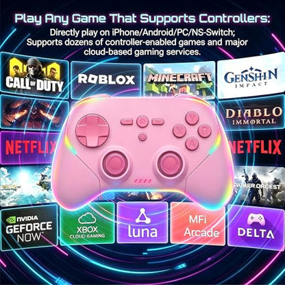 Megadream Phone Controller for PC/Switch 2|Swith/Android/iPad/Tablet/iPhone Controller - RGB light - Hall Effect Trigger/Joystick - Call of Duty, Roblox, Genshin Impact, Direct Play, Pink - color: Pink