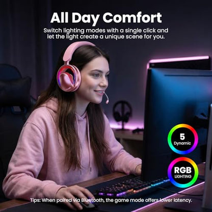 Open Ear Open-Back Headphones Wireless Bluetooth Gaming Headset with Mic for PC Switch Xbox One PS4 PS5, 3.5mm Wired Breathable Lightweight Over Ear Headphones with Microphones Adjustable RGB Light - color: Black