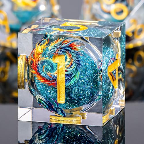 Roycevon Dragon Pattern Liquid Core DND Dice Set, 7Pcs Sharp Edge Dice with Gift Box, Resin Blue Dungeons Dragons D and D Role Playing Dice D20 D12 D10 D8 D6 D4 - color: Blue Gold