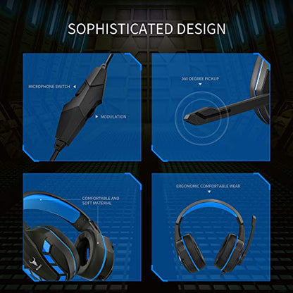 Kikc Gaming Headset with Mic for PS4, PS5, Xbox, PC, Switch, Controllable Volume Gaming Headphones with Soft Earmuffs for Mobile Phone, iPad, and Notebook, 40mm Drivers, 3.5 mm Audio Jack-Blue
