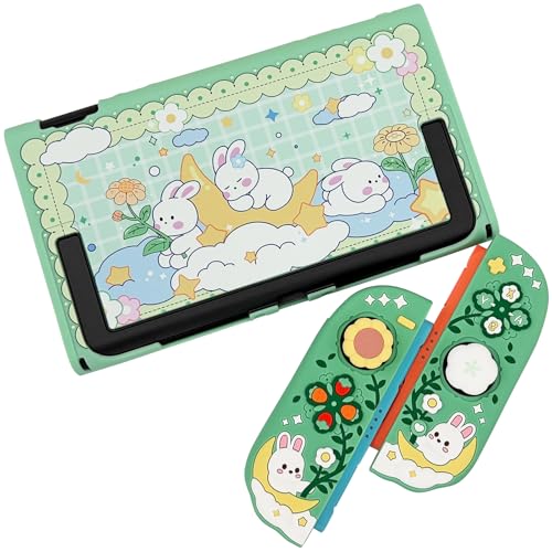 Protective Case for Nintendo Switch 2, Hard Back Shell + 2 Silicone Anti-Slip Controller Covers + 2 Joystick Caps, Rabbit and Flower Cover, Green - color: Green
