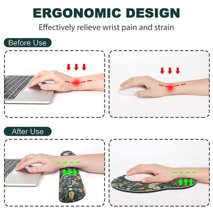 Ergonomic Mouse Pad with Wrist Rest and Keyboard Wrist Rest, Mousepad and Wrist Rest for Computer Keyboard, Pain Relief, Non-Slip Rubber Base, Mouse Pad Wrist Support for Gaming, Green Flowers - color: Green Flowers