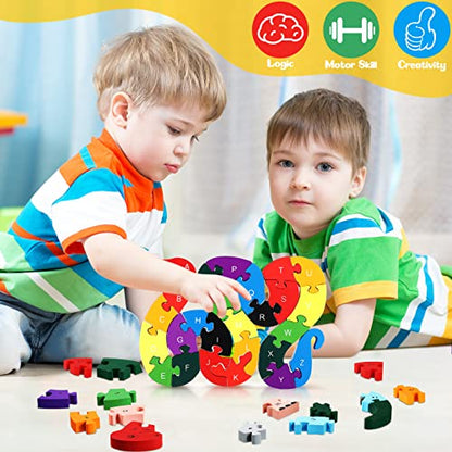 Yunsailing 4 Pcs Wooden Animal Puzzles for Kids, Double Sided Snake Jigsaw with Alphabet & Numbers for Preschool Toddler Learning Educational Activities(Snake, Dinosaur, Elephant, Snail) - style: Snake, Dinosaur, Elephant, Snail