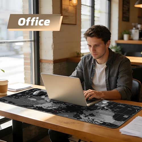 Galdas Mouse Pad for Gaming,XXL XL Large Mouse Mat Long Extended Mousepad Desk Mat Non-Slip Rubber Mice Pads Stitched Edges Thin (31.5 x 11.8 x 0.12 Inches),World Map Background - color: Black World Map