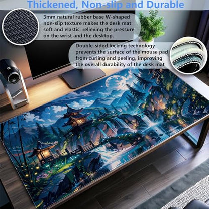 Pagoda Landscape Desk Pad, Large Extended Keyboard Mousepad 31.5x15.7 | Aesthetic mystical forest desk mat featuring comfortable 3mm padding, premium glides, and reliable grip base. - color: Full Moon