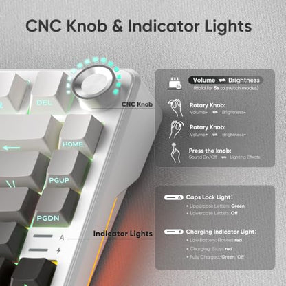 RedThunder K75 Wireless Mechanical Keyboard, CNC Knob, Tri-Mode BT5.0/2.4GHz/USB-C Hot Swappable Custom, Cremy Sound, Pre-lubed Linear Switches, RGB Gaming Keyboard, Side Fonts, Gradient White-Gray - color: S Gradient White-Gray