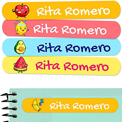 50 Personalized Adhesive Labels to Mark Objects 2.3 x 0.4 in. Waterproof Stickers to Mark School Supplies, Books, kindergartens Goods, Summer Camps, Children's Toys, etc. - color: Fruits