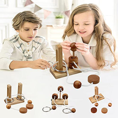 Brain Teaser Puzzle Wooden Threading Rope Loop Puzzle Luban Lock Brain Teaser Game Adult Kids Toy Puzzles for Adults (4) - size: 4