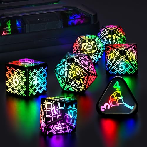 LED DND Dice Set, Light up Dice Rechargeable for RPG DM Gifts, Colorful-LL | ZHOORQI Polyhedral Dice Set with Charging Box, Glow in The Dark Dice for D and D (Dungeons and Dragons) Role Playing Game - color: Colorful-dragon Scales