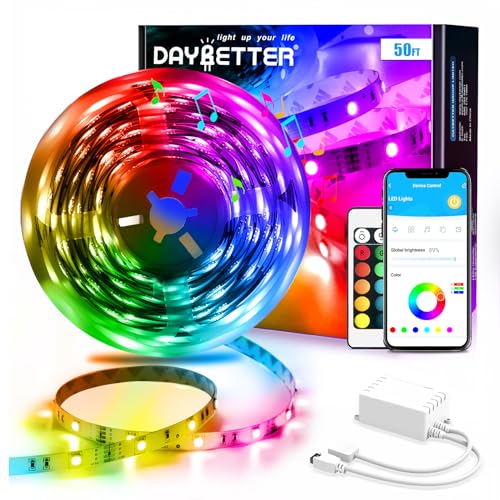 DAYBETTER Led Strip Lights Smart with App Control Remote, 5050 RGB for Bedroom, Music Sync Color Changing for Room Party 50ft - size: 50FT