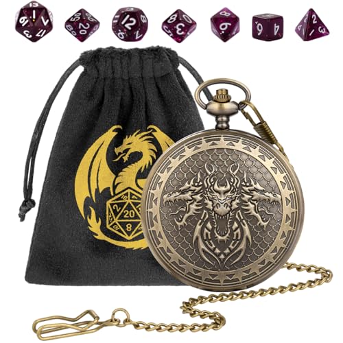 3 Head Dragon Small D&D Dice Set, Steampunk Bronze Pocket Watch Shell Case, 7pcs Polyhedral Acrylic DND Dice, Dragon Gift Bag, RPG Tabletop Games Accessories, DND Starter Set, Purple Dice - color: 3 Dragon Head D