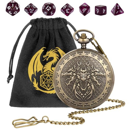 3 Head Dragon Small D&D Dice Set, Steampunk Bronze Pocket Watch Shell Case, 7pcs Polyhedral Acrylic DND Dice, Dragon Gift Bag, RPG Tabletop Games Accessories, DND Starter Set, Purple Dice - color: 3 Dragon Head D