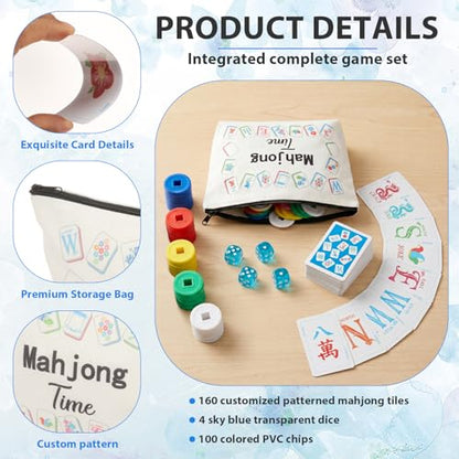 160 Pcs Mahjong Playing Cards Set American Style 3.4" x 2.2" Large Print with Storage Bag, 4 Dices, 100 Poker Chips Indicator Portable Mahjong Tiles Beginners Adults Gift for Travel Home Table