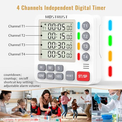 Digital Dual Kitchen Timer, 4 Channels Independent Countdown Timer, Large Display, On/Off, Loud Volume Alarm and Flashing Light with Magnetic Back, Stand, Battery Included (White) - color: White