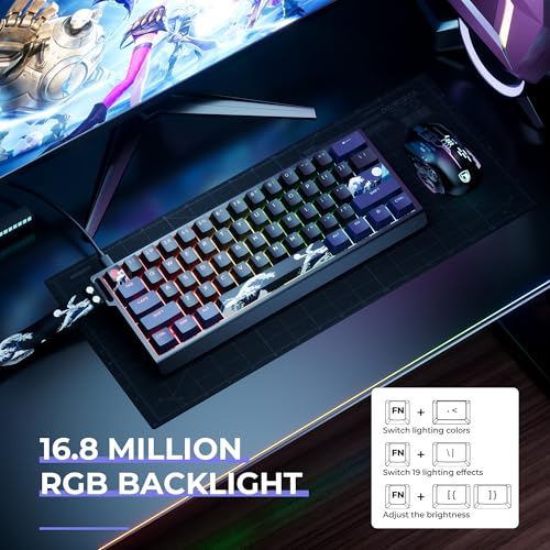 HITIME x XVX 60% Percent Keyboard with Strap, H61 Wired Aluminum Gaming Keyboard, Hot Swappable, Kanagawa Anime PBT Keycaps, RGB Backlit, Cherry Profile, Sound Absorbing Pads, Creamy Linear Switch - color: Black Kanagawa