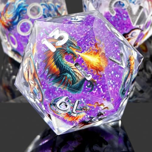 DND Dragon Resin Dice Set 7 Pcs Polyhedral Dice/Transparent Resin Dice with Embedded Dragon Phoenix Art, Premium Tabletop Game Dice for TTRPG, Pathfinder, MTG (Purple & Silver) - color: 6 Purple & Silver