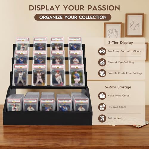 Trading Card Display Stand with 5-Row Storage，3-Tier Large Capacity Graded Card Display，Wooden Cards Display Stand for Soprts Cards Collection & Show