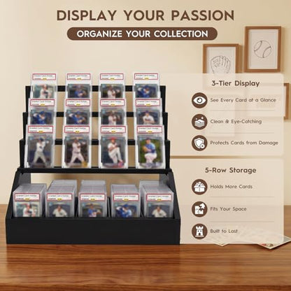 Trading Card Display Stand with 5-Row Storage，3-Tier Large Capacity Graded Card Display，Wooden Cards Display Stand for Soprts Cards Collection & Show