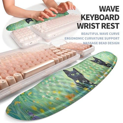 2-in-1 Ergonomic Set, Wave Keyboard Wrist Rest and Massage Slope Mouse Pad Wrist Support, Rebound Memory Foam for Relieve Carpal Tunnel Syndrome and Wrist Pain (Oil Painting Cats) - color: Oil Painting Cats