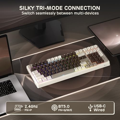 RK ROYAL KLUDGE F99 Wireless Mechanical Keyboard with Numper Pad, Tri-Mode Hot Swappable 95%100 Keys Gaming Keyboard BT/2.4G/USB-C, Pro Software, 5000mAh Battery, Customed Tactile Switches - color: Mocha Brown, size: Tactile Beige Switch