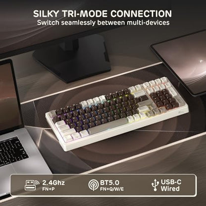 RK ROYAL KLUDGE F99 Wireless Mechanical Keyboard with Numper Pad, Tri-Mode Hot Swappable 95%100 Keys Gaming Keyboard BT/2.4G/USB-C, Pro Software, 5000mAh Battery, Customed Tactile Switches - color: Mocha Brown, size: Tactile Beige Switch