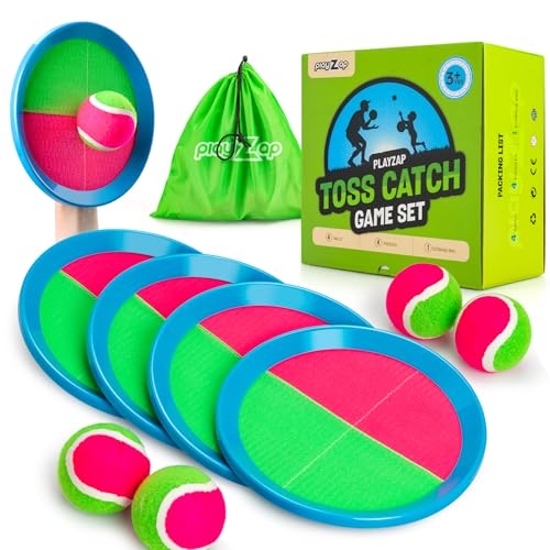 PlayZap Toss and Catch Ball Set - Outdoor Toys for Kids Games - Outside Yard Pool Beach Toys for 3 4 5 6 7 8+ Years Old Boys Girls - Birthday Baseball Gift - color: Pink 4 Paddles 4 Balls