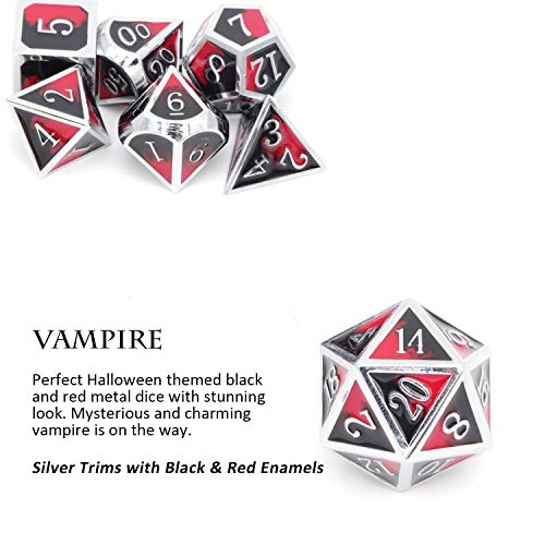 Haxtec Metal DND Dice Set Silver Red Black Enamel Vampire D&D Dice with Leather Dice Bag Compatible with Dungeons and Dragons TTRPG Gift for DND Lovers Players Masters | Silver Edge D&D Dice with Leather Bag, Compatible with Dungeons and Dragons, Vampire