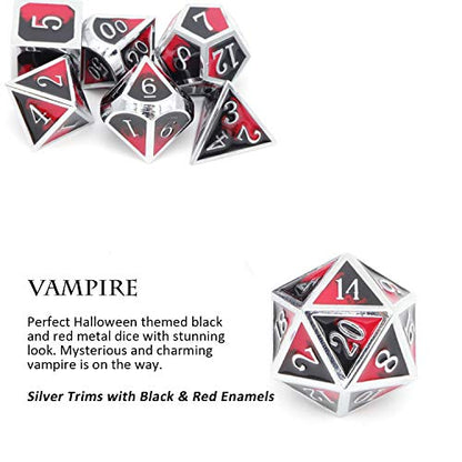 Haxtec Metal DND Dice Set Silver Red Black Enamel Vampire D&D Dice with Leather Dice Bag Compatible with Dungeons and Dragons TTRPG Gift for DND Lovers Players Masters | Silver Edge D&D Dice with Leather Bag, Compatible with Dungeons and Dragons, Vampire