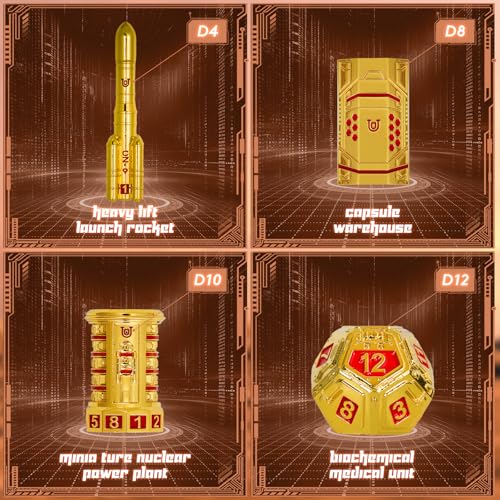 Unique Pioneer Dice Zinc Alloy Metal Dice Set 7pcs DND Dice Mars Planet Theme Polyhedral RPG Dice Set for Dungeons and Dragons Tabletop GamingRocket and UFO Design (Golden) - color: Golden