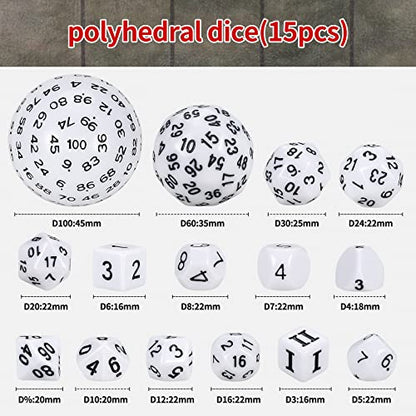 CiaraQ DND Polyhedral Dice Set (15pcs) D4-D100 Game Dice with Dice Bag | Acrylic Role Playing Dice for Dungeons and Dragons MTG Table Games (White & Black) - color: White & Black