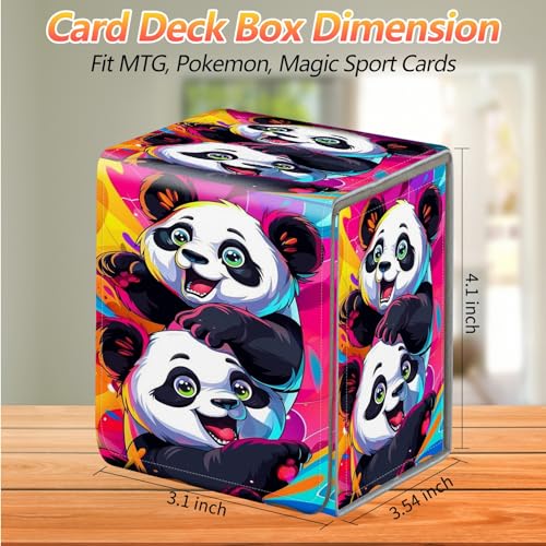 Card Deck Box, Card Storage Box Fits 100+ Single Sleeved Cards, Large Capacity PU Leather Card Storage Box with Strong Magnet for Magic Commander TCG CCG, Cute Panda Playing - color: Cute Panda Playing
