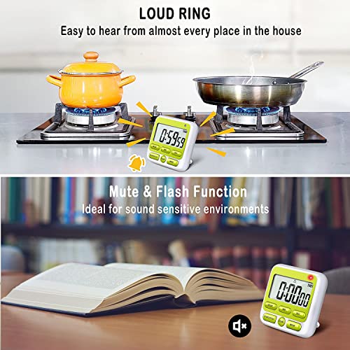 4-in-1 Digital Timer with Count Up/Down, Clock & Alarm, Ring & Silent Modes | Large 2.8-Inch easy-read LCD, On/Off switch, 24-Hour count up/down, Fast-forward function, Magnetic back, stand, hanging hole - color: Green