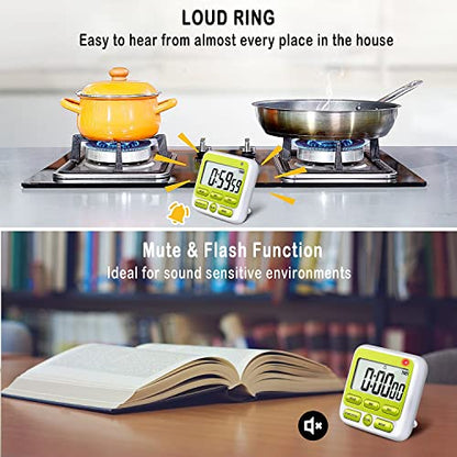 4-in-1 Digital Timer with Count Up/Down, Clock & Alarm, Ring & Silent Modes | Large 2.8-Inch easy-read LCD, On/Off switch, 24-Hour count up/down, Fast-forward function, Magnetic back, stand, hanging hole - color: Green