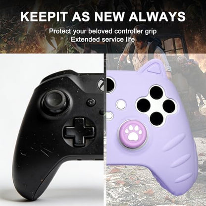 Purple Cute Cat Anti-Slip Protective Silicone Cover Skin Grips Compatible with Xbox Series X/S Controller with Stickers and 2 Thumb Paw Grip Caps Cat Paw Caps – Shockproof Dustproof