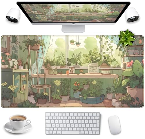Cute Desk Mat Green Plants Gaming Mouse Pad XXL Large Extended Sage Laptop Keyboard and Mouse Mat with Stitched Edges, Computer Desktop Mat Playmat for Women Office Desk Decor Pad Mat 31.5x15.7 in - color: Aesthetic Green Plants