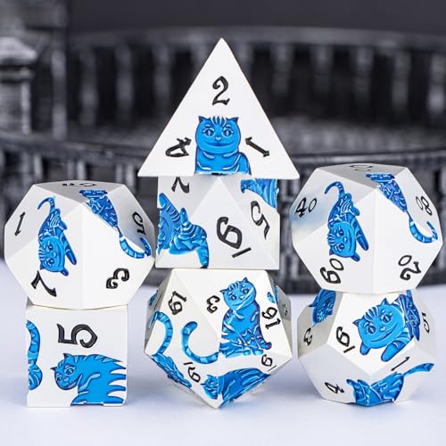Metal DND Cat Dice 7PCS Polyhedral RPG Dice Set with Gift Case for Dungeons Dragons Role Playing Game, D and D Dice D6 D8 D10 D12 D20 D% (Silver Blue) - color: Cat-silver Blue