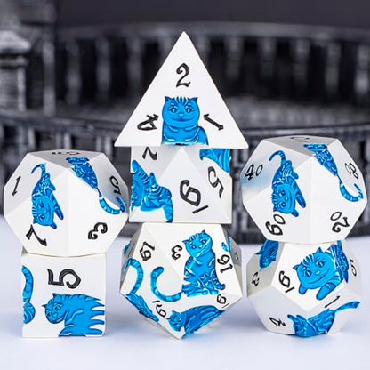 Metal DND Cat Dice 7PCS Polyhedral RPG Dice Set with Gift Case for Dungeons Dragons Role Playing Game, D and D Dice D6 D8 D10 D12 D20 D% (Silver Blue) - color: Cat-silver Blue