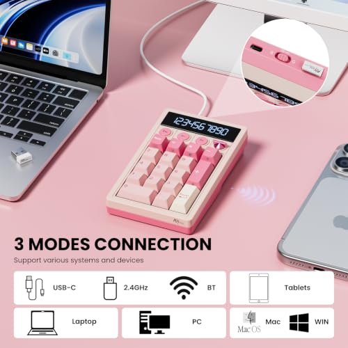 RK ROYAL KLUDGE M20 Wireless Number Pad, Mechanical Numpad with LCD Display, PC Numpad & Calculator Modes, Programmable Numeric Keypad, Bluetooth/2.4G/Wired, RGB Hot-Swappable for Win/Mac - color: Pink