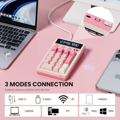 RK ROYAL KLUDGE M20 Wireless Number Pad, Mechanical Numpad with LCD Display, PC Numpad & Calculator Modes, Programmable Numeric Keypad, Bluetooth/2.4G/Wired, RGB Hot-Swappable for Win/Mac - color: Pink
